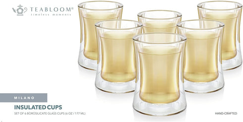 Set 6 (6 oz 177 ml) Teabloom Modern Insulated Turkish Tea Glasses - of Double Walled Glass Teacups /