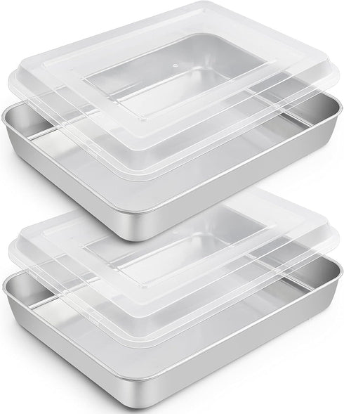 TeamFar Rectangular Cake Pans with Lids - 10.5’’ x 8’’ Stainless Steel Lasagna Brownie Pan
