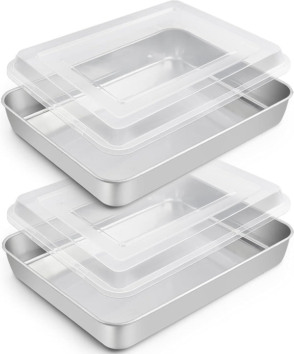TeamFar Rectangular Cake Pans with Lids - 10.5’’ x 8’’ Stainless Steel Lasagna Brownie Pan