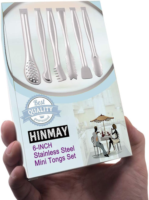 Small Serving Tongs Set, 6-Inch Appetizer Tongs, Stainless Steel Mini Tongs, Set of 6