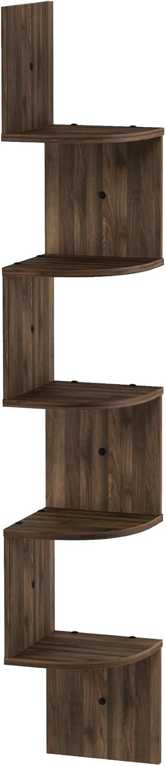 5-Tier Furinno Rossi Wall Mount Floating Corner Shelf, Radial, Columbia Walnut