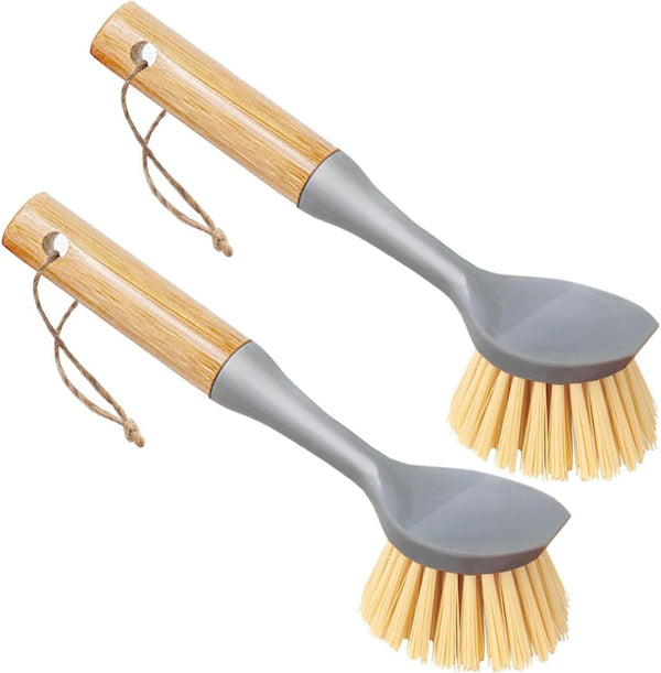 2 Pack Kitchen Dish Brush, Bamboo Handle Scrubber with Built-in Scraper, Multi-Function for Dishes, Pans, Pots