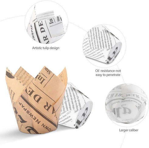 200pcs Tulip Cupcake & Muffin Tins Liners, Nature and White 2 Standard Newspaper Pattern Paper Baking Cups