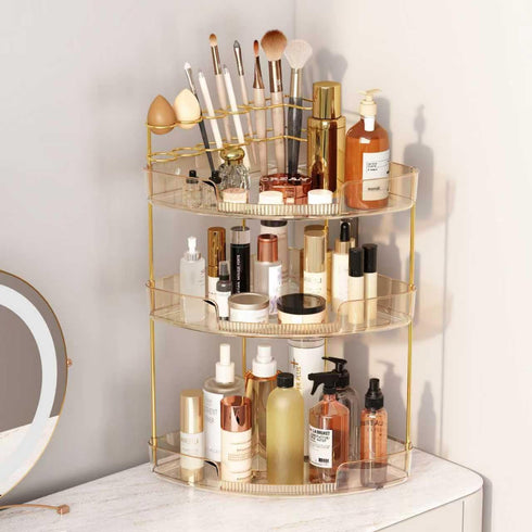 3-Tier Counter Countertop FELIZHOUSE Corner Bathroom Organizer, Bathroom Shelf Makeup & Skincare Storage with Brush