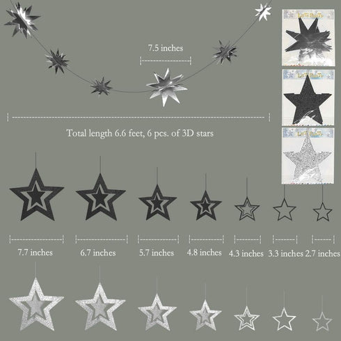 Cheerland Glitter Black Silver Party Decorations - Star Garlands for Birthday, Halloween, Wedding, Ramadan