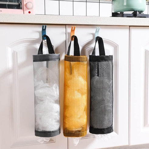 Plastic Bag Holder, Mesh Grocery Bag Dispenser, Hanging Storage Bag (Grey 2 Packs)