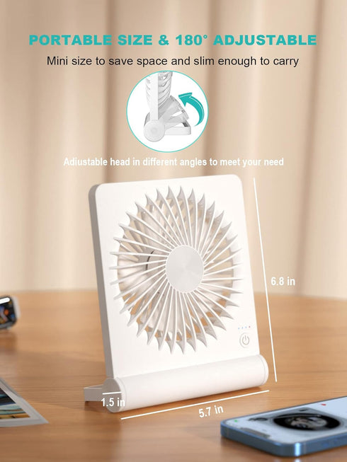 Small Desk Fan, 2000mAh Rechargeable USB Fan, Ultra Quiet, Strong Wind, 3 Speeds Travel Fan