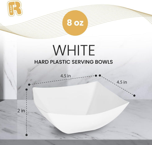 R-kay 6 Pack Square Plastic Serving Bowls - 8 oz White Plastic Bowls for Parties, Premium for Weddings, Catering,