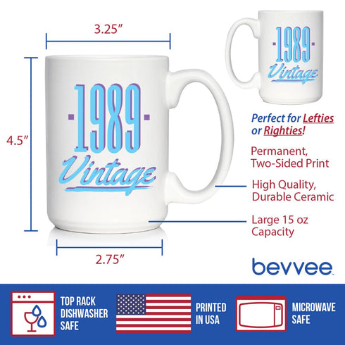 Vintage 1989 - Large 15oz White Ceramic Mug - Fun 35th Birthday Coffee Gifts for Men & Women Turning 35