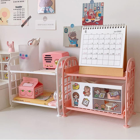 Desktop Rack Cosmetic Stationery Storage Holder - 2-Tier Multifunctional Plastic Shelf Makeup Organizer for Home (Light