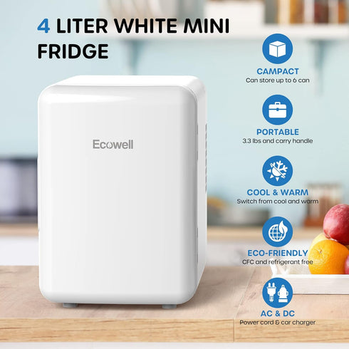 Ecowell WRE100 Mini Bedroom Fridge, 4L/6 Can Portable Compact Refrigerator for Office Dorm Car