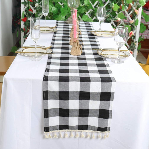 Partisout Buffalo Check Table Runner with Tassel, Washable Cotton Linen Gingham Table Cover, Checked Design