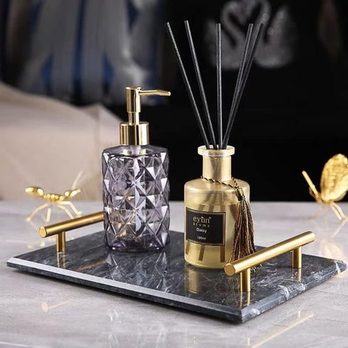 Black Real Marble Tray with Golden Handle, Decorative Natural Stone Tray for Bathroom, Kitchen, Vanity, Nightstand