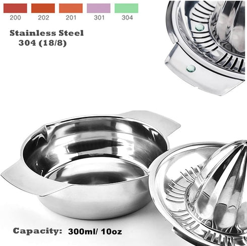 Citrus Juicer Manual Squeezer, 304 Stainless Steel Robust Hand Juicer Reamer with Strainer & 10oz Bowl, 2 Pour Spouts,