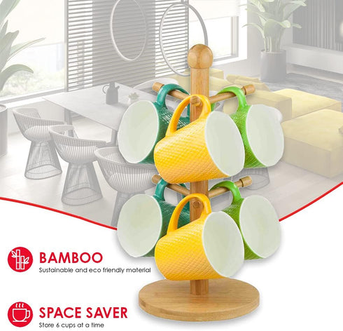 Home Basics Bamboo Mug Tree, Holds Up to 6 Coffee Cups, Free Standing, Circular Base, Kitchen Countertop, Beige (1) by Home Basics