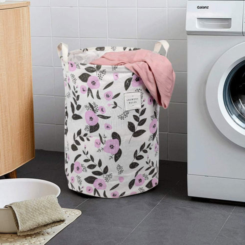 UUJOLY Collapsible Laundry Basket, Waterproof Round Cotton Linen Hamper - 19.7x15.7 inches, Purple