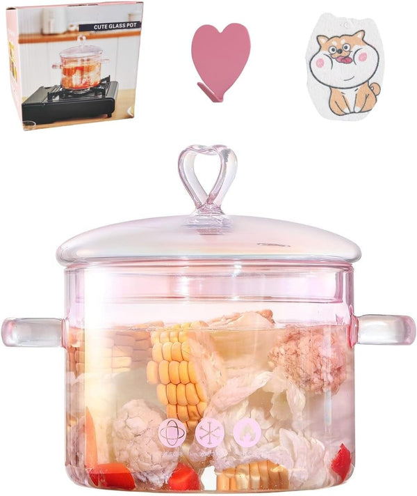 1.5L/51oz Pink Glass Cooking Pots for Stove, Heat Resistant for Pasta, Vegetable, Soup, and Salad