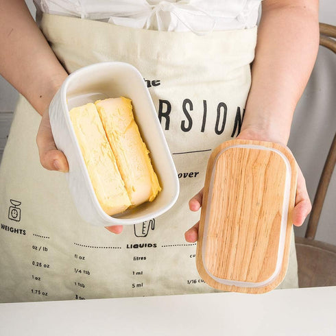 KOOV White Porcelain Large Butter Dish with Lid, Airtight Container with Oak Lid for 2 Sticks of Butter