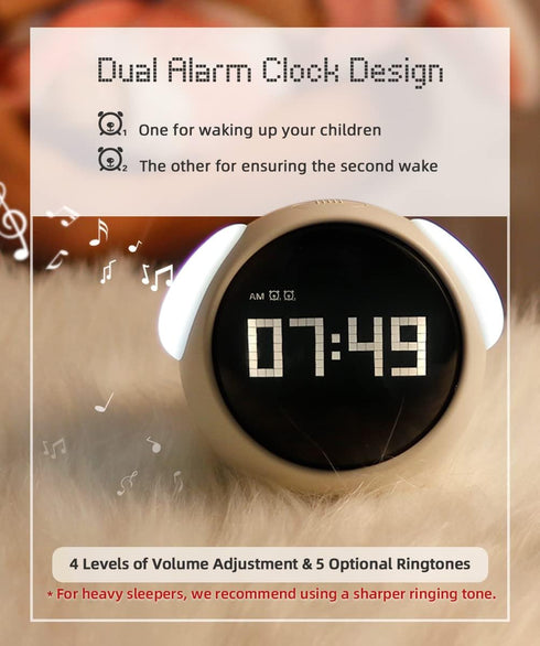 Kids Alarm Clock, Dual Alarm Setting, Adjustable Brightness Night Light, Toy and Gift for Children