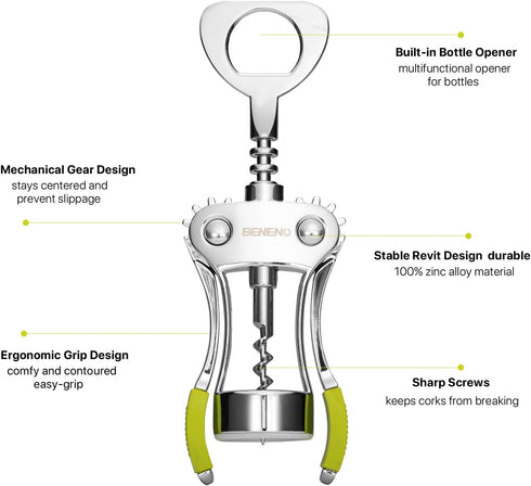 Beneno Wine Opener, Zinc Alloy Premium Wing Corkscrew with Multifunctional Bottles Opener, Upgrade Green