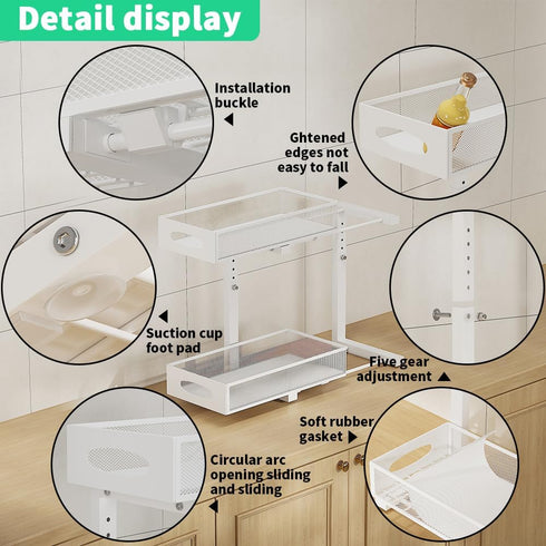 Under Sink Organizer, 2-Tier Pull-Out Cabinet Storage Baskets with Mesh Metal Sliding Drawer (1 Pack White)