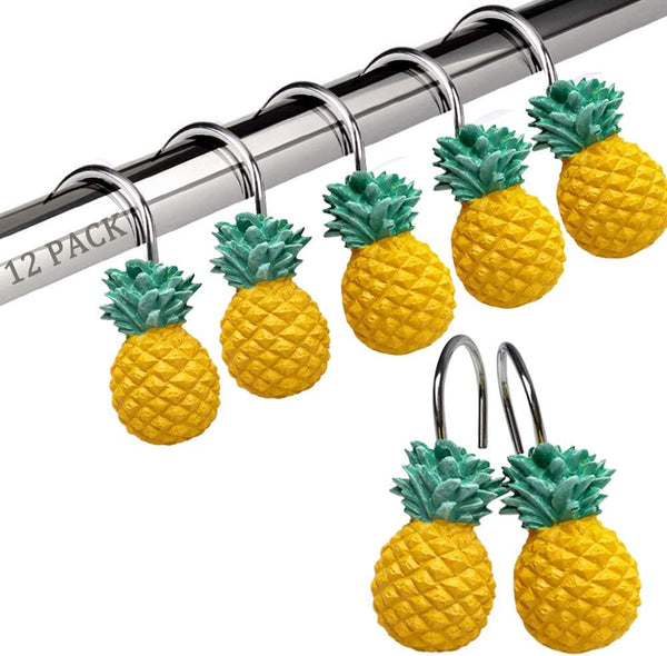 Chictie Yellow Pineapple Shower Curtain Hooks - Set of 12 Cute Fruit Design Stainless Steel Hooks