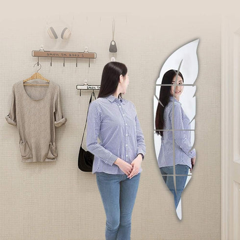 3D Acrylic Mirror Wall Decor Stickers - 11.8x49.2 Inches Feather Shaped DIY Self-Adhesive Wall Art Decals