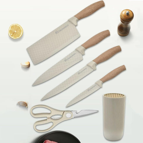 Kitchen Knife Set, Retrosohoo 6-Pieces Khaki Sharp Knife Set with Universal Knife Block