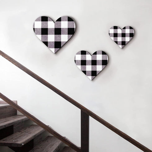 Jetec 3 Pcs Heart Shaped Wood Sign, Gray Purple Buffalo Plaid Decor, Wooden Heart Wall Sign, Rustic Hanging Love Plaque