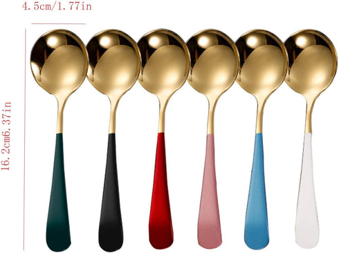Soup Spoons Stainless Steel 304 Stainless Steel Round Head Spoons Modern Thick Short handle 304 Stainless Spoons Used for Soup, Grain, Dessert, Fruits, Milk Tea (B-6 Pack)