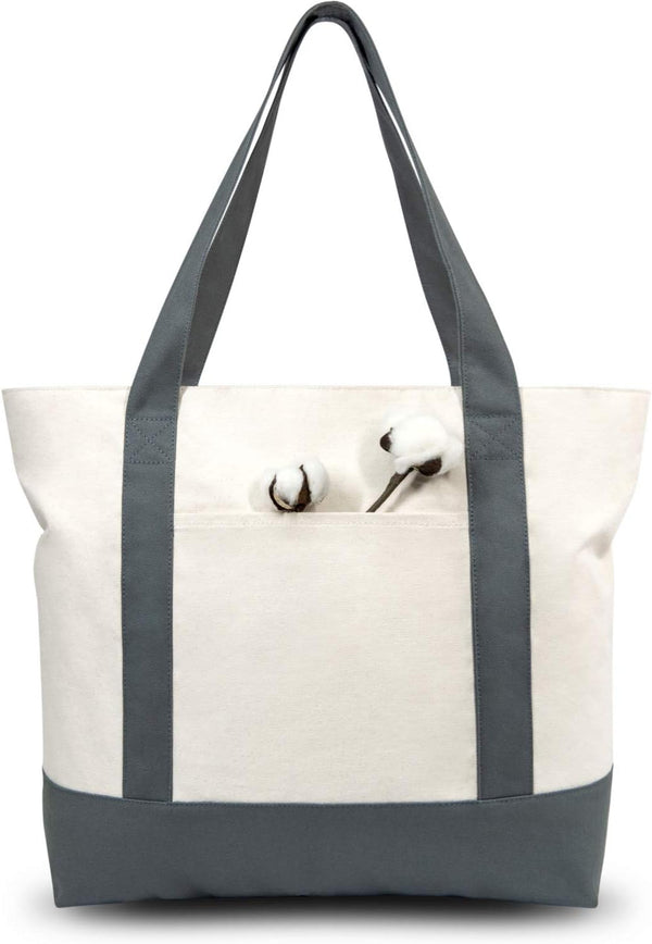 TOPDesign 1-Pack Canvas Tote Bag with External Pocket, Reusable Grocery Shopping Bag, Grey/Natural