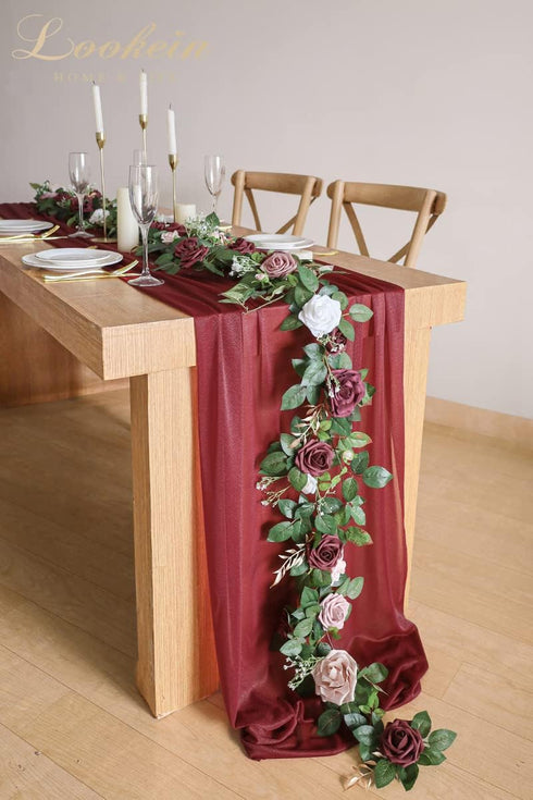 Lookein Burgundy Chiffon Table Runner 10 Feet, Sheer Wedding Table Cloth 29x120 Inches Rustic Decorations