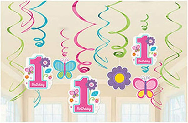 Amscan Foil Swirl Decorations - 1st Birthday Girl, Flowers and Butterflies Collection, 12 Pieces