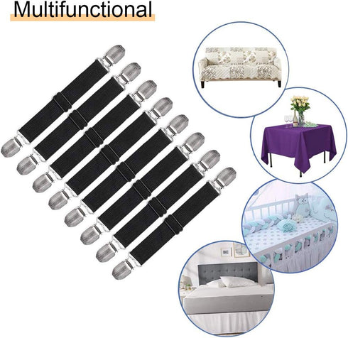 Adjustable Bed Sheet Straps Clips, 8Pcs Black Elastic Fasteners for Mattress, Sofa, Table Cloth