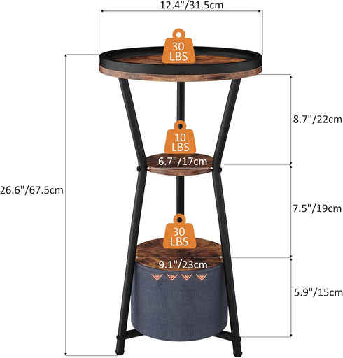 3-Tier Yusong Round Side Table, Small Drink Table for Small Spaces, Industrial End Table, Accent Nightstand Bedside