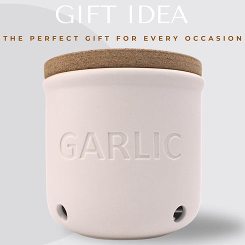 Okavango Countertop 16oz) Garlic Keeper - White Ceramic Container with cork lid - Garlic Storage - Garlic Holder