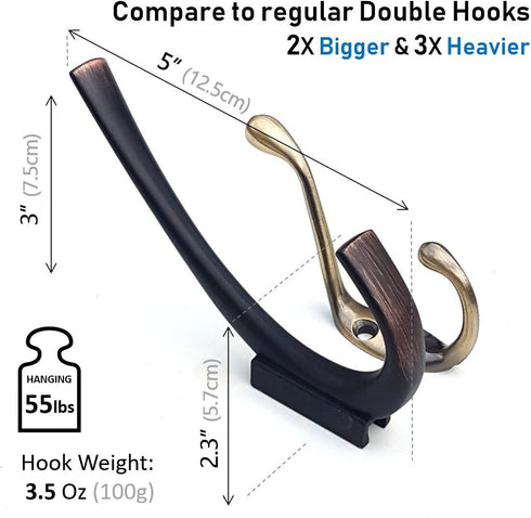 Ambipolar Premium Design Commander Heavy Duty Double Hooks, Entryway Coat Hooks (3 Pack, Oil Rubbed Bronze)