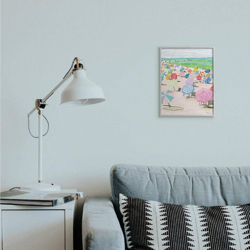 Stupell Industries Pastel Umbrella Filled Beach Watercolor Landscape, Designed by Stellar Design Studio Wall Art, 11x14, Grey Framed