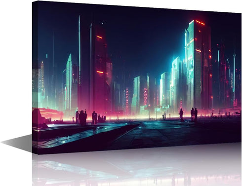 Wall Art Black and White Pictures for Living Room, Cyberpunk City Painting Prints on Canvas, 24x16 in House Decor