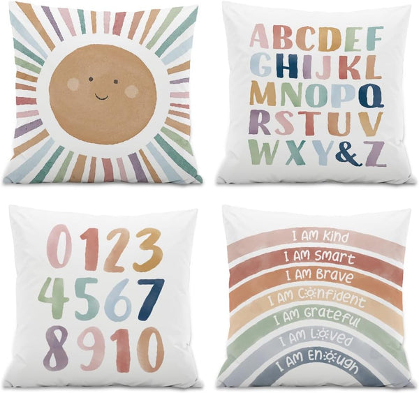 ISANOU Kids Playroom Decor,Boho Sun Alphabet Throw Pillow Covers,Kids Reading Nook Decor Pillowcase