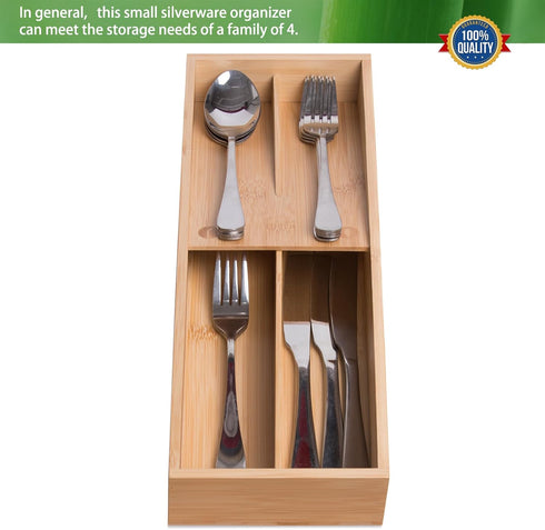 Bamboo Silverware Drawer Organizer, Small Kitchen Utensil Tray Holder for Spoons, Forks, Knives, Family of 2-4