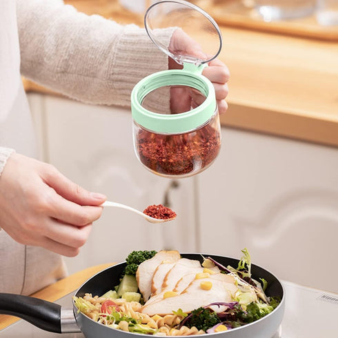 NAN Wind Glass Seasoning Box Set - 12oz/350ml Condiment Set with Lids and Spoon, Clear Glass for Kitchen Counter
