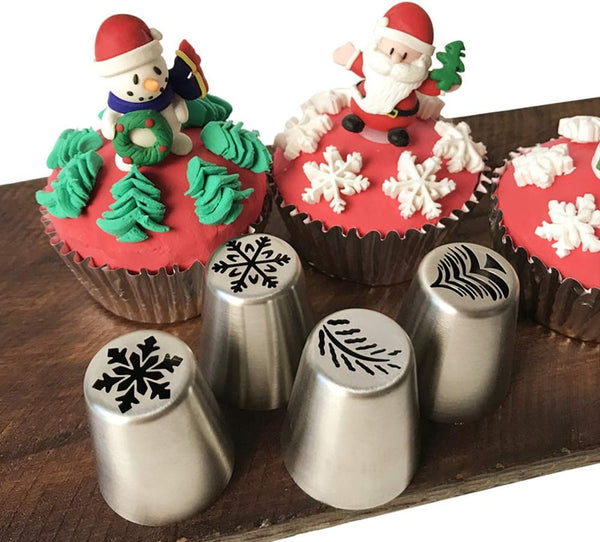 4 PCS Christmas Pastry Icing Piping Nozzles, Stainless Steel Russian Piping Tips Set