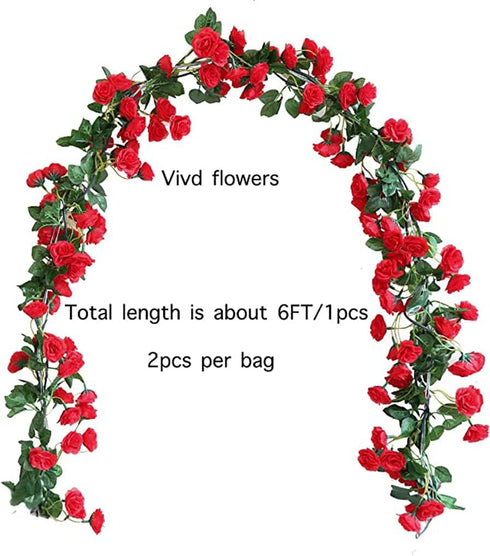 Lannu 2 Pack Artificial Rose Vine Flowers, Fake Garland Ivy Plants for Home Wedding Party Decorations (HOT Pink)
