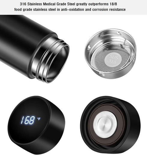 Insulated Smart Sports Water Bottle with LED Temperature Display, Double Wall Vacuum Coffee and Tea Infuser Bottle,