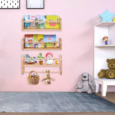SAG's store Set 3 15.7" Floating Nursery Shelves - of Natural Wood Wall-Mounted Bookshelves for Kids Room, Baby Room