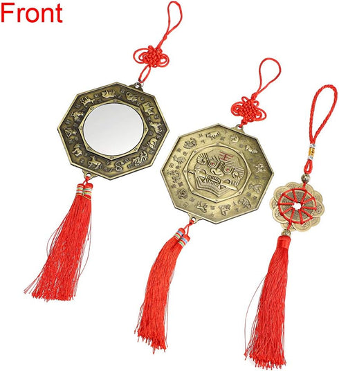 MDLUU 3 Pcs Bagua Mirror Feng Shui Ornaments, Guardian Lion, Ancient Coins with Chinese Knot Tassel, Lucky Charm