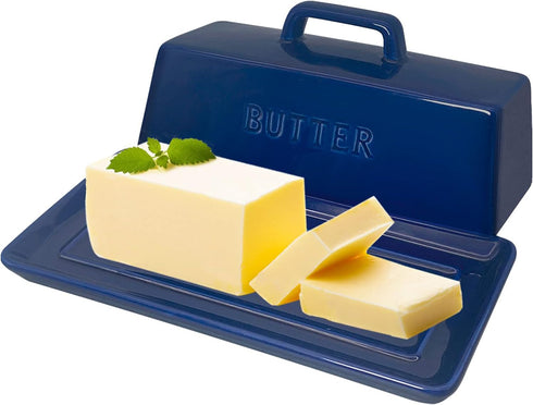 Gute Butter Dish with Lid, Covered Ceramic Butter Tray Storage for 1 Stick of Butter, Navy Blue