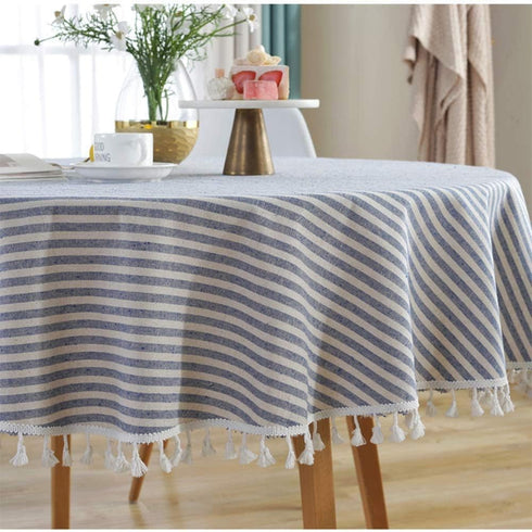 47 Inch) meioro Round Tablecloth Stripe Tassel Table Cloth Cotton Blend Dust-Proof Cover for Dining Circle Coffee Side