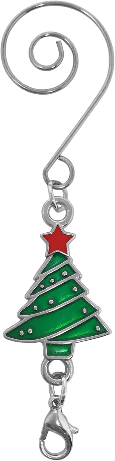 Ornament Hooks Set of 12 - Christmas Tree Shaped S-Hook & Lobster Claw, Enameled Trees with Red & Green Ornaments, 3.5"